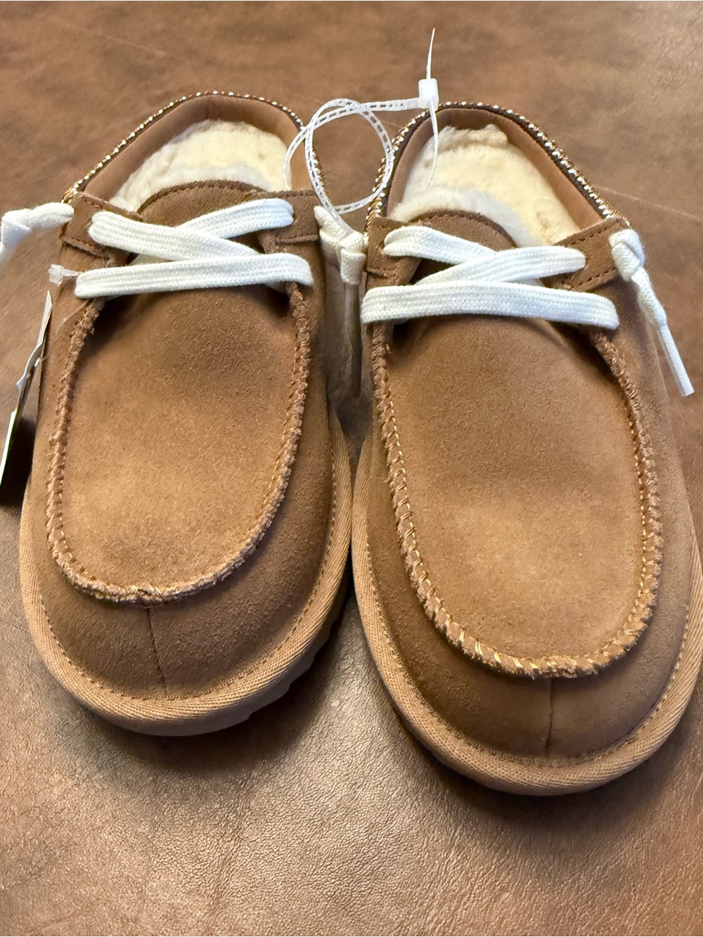 UGG Kids Chestnut Suede Moccasin Slippers with White Laces